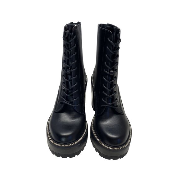 Madden Girl Size 8.5 Black Leather Heeled Combat Boots With Lug Sole Side Zipper - Picture 7 of 11